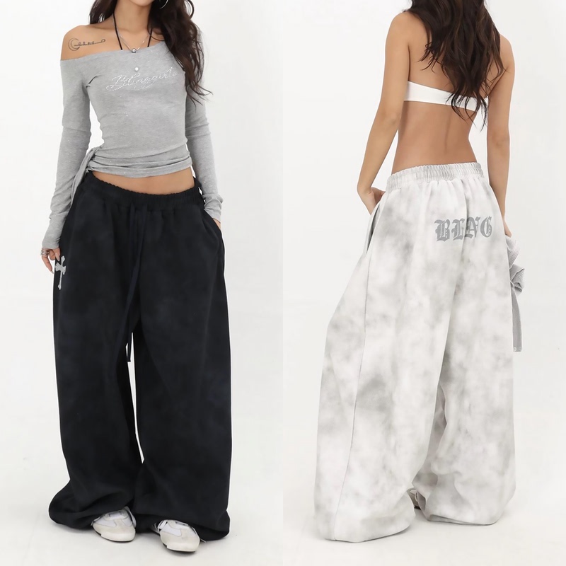 American Retro Lazy Style Tie-Dye Wide-Leg Pants for Women, Loose Fit, Slimming Drawstring Casual Pants, Hip-Hop Street Dance Sports Pants