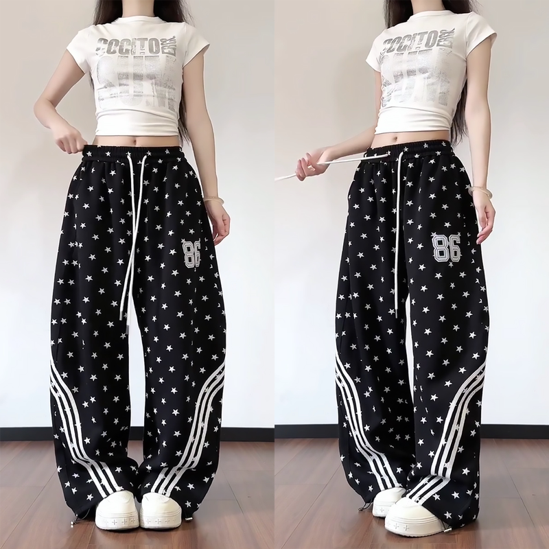 American Retro Star Print Casual Pants for Women 2026 Summer New Loose Drawstring Wide-Leg Sports Pants Curved Pants American Retro Star Print Casual Pants for Women 2026 Summer New Loose Drawstring Wide-Leg Sports Pants Curved Pants
