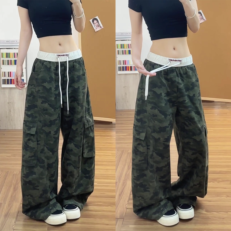 American-Style Workwear High-Waisted Camouflage Wide-Leg Pants for Women, Loose Fit, Slimming, Drapey Casual Pants with Multiple Pockets, Jazz Dance Pants American-Style Workwear High-Waisted Camouflage Wide-Leg Pants for Women, Loose Fit, Slimming, Drapey Casual Pants with Multiple Pockets, Jazz Dance Pants