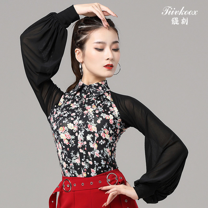 Ti carved modern dance tops women's new Latin dance practice clothes Waltz national standard dance lantern long-sleeved dance dress