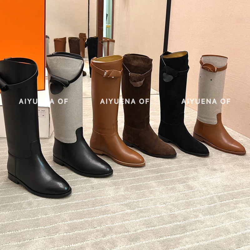 Aiyuena Is the Center of Attention! 26S Metal Buckle High-Top Riding Boots, Knee-High Equestrian Boots, Flat Long Boots for Women Aiyuena Is the Center of Attention! 26S Metal Buckle High-Top Riding Boots, Knee-High Equestrian Boots, Flat Long Boots for Women