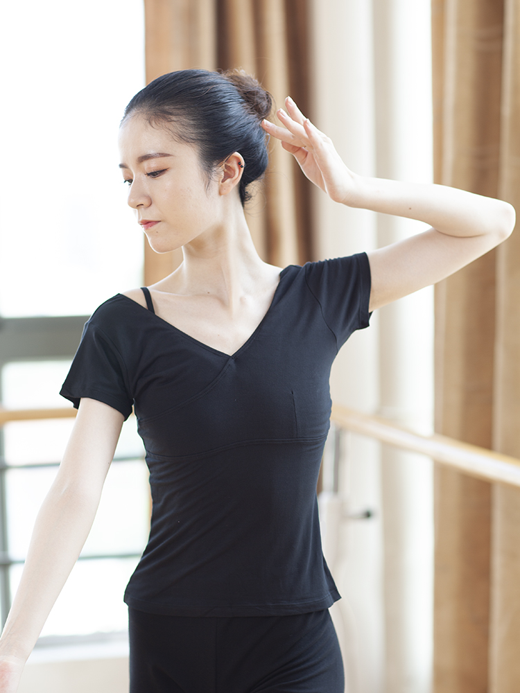 Ballet Dancer Short Sleeve Front Cross V Collar Dance Blouse Women Black Ballet Body Dance Practice white