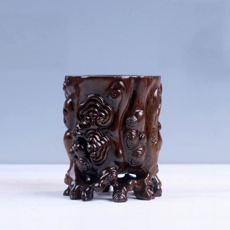 Ebony hollow pen holder solid wood carving stationery office supplies storage handicrafts gift