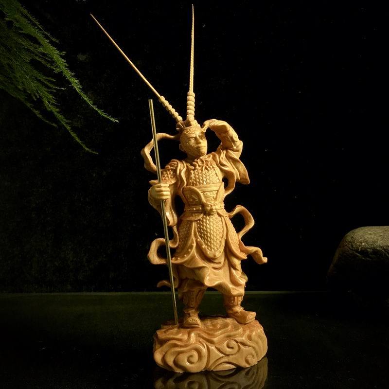 Cliff cypress wood carving Monkey King Ornament creative solid wood Buddha statue living room hand fighting to defeat Buddha Monkey King decoration
