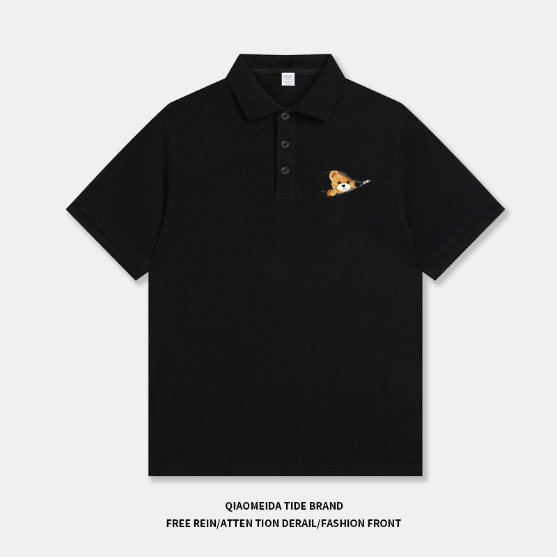 2026 Summer New Retro Zipper Bear Design Trendy Brand T-Shirt High-End Casual Men's Lapel Short-Sleeved Polo Shirt