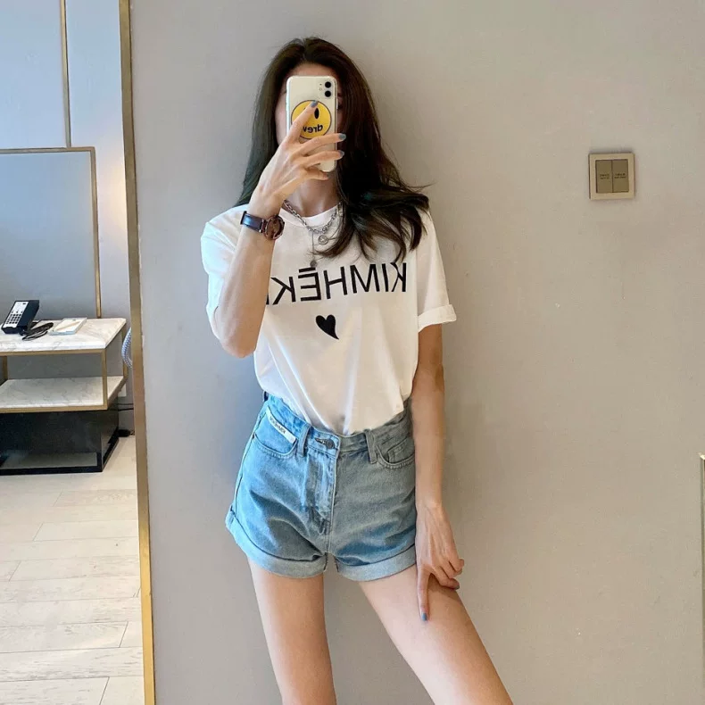 [Small target] Новая футболка Kimhekim 21SS с принтом любви крупным планом, короткий рукав, свободного кроя, на городской стиль