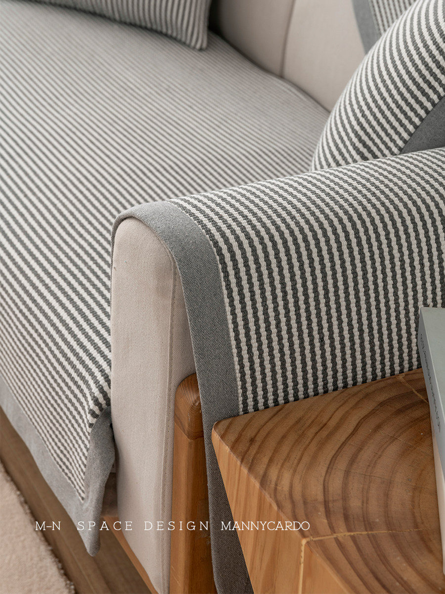 Four seasons general gray and white striped cotton yarn blend thickened non-slip modern minimalist sofa cover towel combination sofa cushion