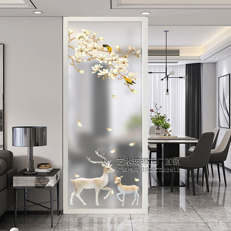 Art glass custom screen aisle partition living room double-sided frosted light transparent painting high-end classic fortune deer
