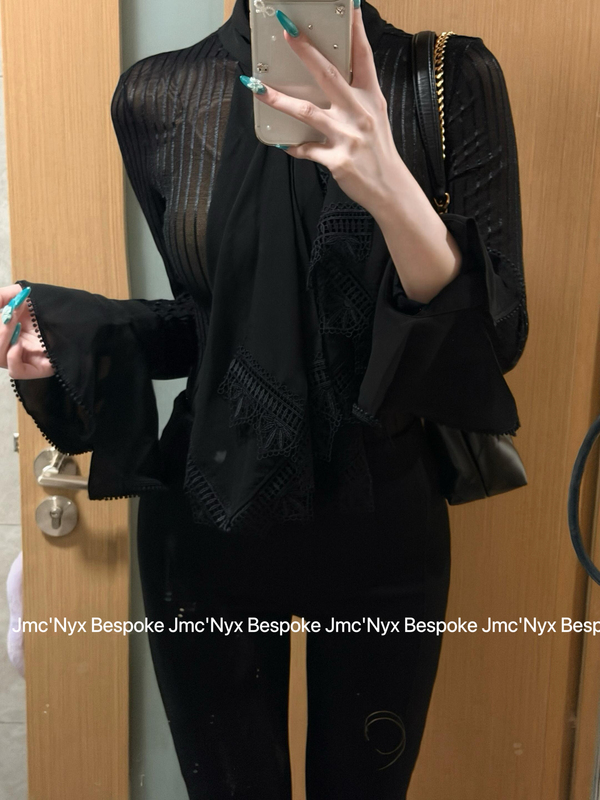 Jmc'Nyx Bespoke High-End Custom-Made Fully Hand-Stitched Lace Ultimate Black Acetate Mesh Crotchless Top
