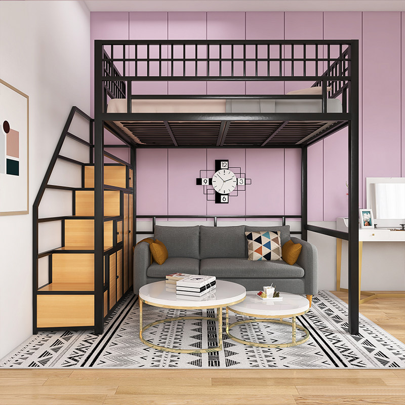 Tiles pavilion bed small apartment multi-functional space-saving wrought iron elevated bed sheet upper floor with ladder cabinet modern bed