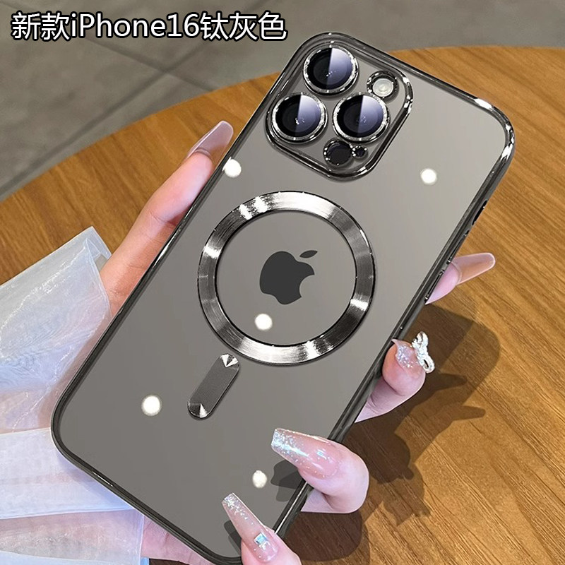 Apple iPhone 16 に適合、iPhone 11/12/13/14 Pro Max 用の耐衝撃シリコンケース、i15 Plus 用の新しいマグネット式レンズフルカバー、男性と女性のための高品質の電気メッキカップル超薄型透明ソフトケース。