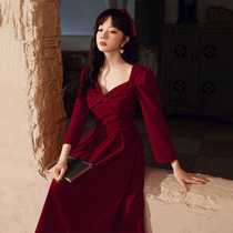 Burgundy toast bride 2021 new wedding temperament home dress engagement dress velvet summer woman
