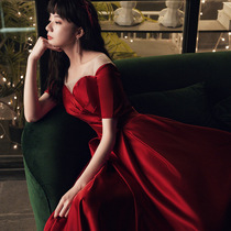Toast Bride 2021 New Autumn and Winter Red Wedding Thanks Banquet Dress Satin Long Engagement Dress