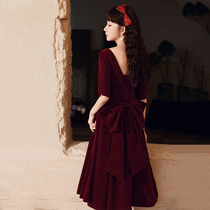 Toasting Bride 2021 new wine red engagement dress wedding back dress summer velvet womens temperament