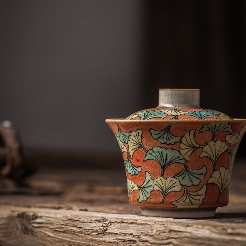 Unique Ginkgo Leaf yellow ground Two-only cover Bowl Pure Artisanal ceramic open sheet Nourishing Tea Dao Zen Tea Tea Tea Bowl