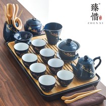Ji blue glaze household Kung Fu tea set Simple ceramic cover bowl Teapot Teacup Japanese dry tea tray
