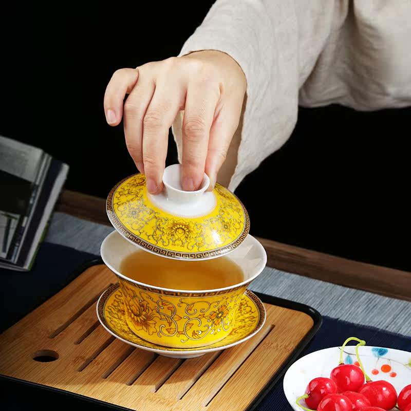 Ceramic Cover Bowl Single Tea Tea Cup Special Tea Cup tea Kung Fu Chaoshan Sancai White Porcelain Green Flowers 8 Bag 300ml