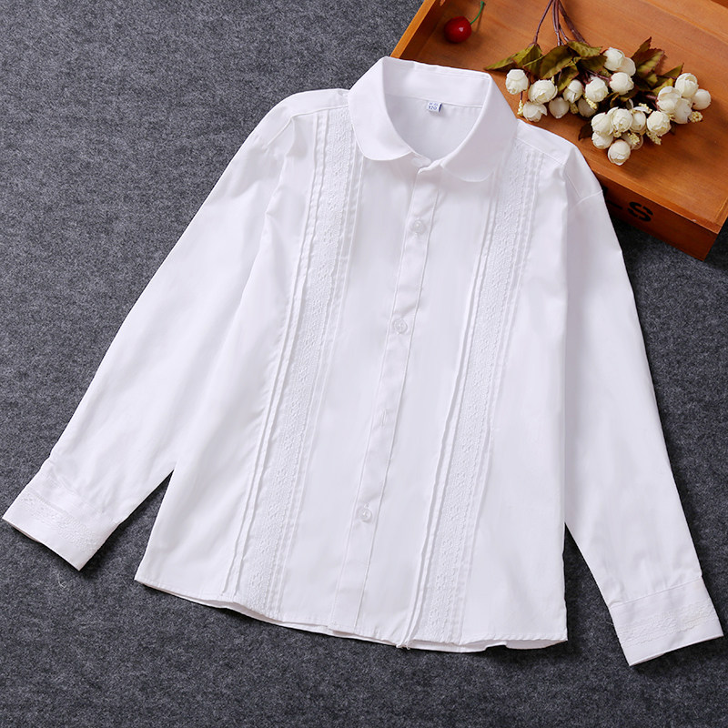 Children's White Shirt Girl's Pure White Shirt Spring Wear Fall/Winter Long Sleeve Foreign School School Uniform Children's Performance