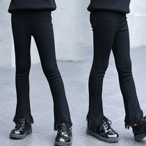 Girls  black Leggings Autumn and winter Velvet pants Long bottom tassel jeans Medium and large childrens flared pants stretch