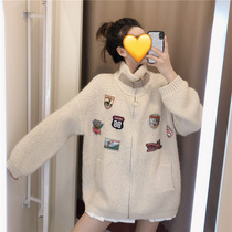 (Pet powder) sweater knitted cardigan jacket women 2021 new autumn and winter Joker Korean version loose wear tide