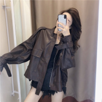 Locomotive leather jacket women 2021 new spring and autumn Joker retro Hong Kong flavor ins tide short jacket top