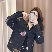 (Pet powder welfare) Tide brand black fried street long sleeve denim coat female Korean autumn 2021 New Coat