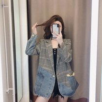 Denim splicing plaid suit jacket women 2021 new autumn Joker Korean version retro Hong Kong flavor British style