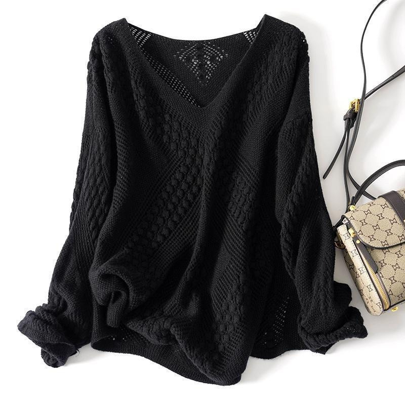 Plus-Size Women's Extra-Large Size 150kg Spring and Autumn Crochet Hollow-Out Long-Sleeve V-Neck Pullover Loose Casual Knitted Sweater for Women Trendy Plus-Size Women's Extra-Large Size 150kg Spring and Autumn Crochet Hollow-Out Long-Sleeve V-Neck Pullover Loose Casual Knitted Sweater for Women Trendy
