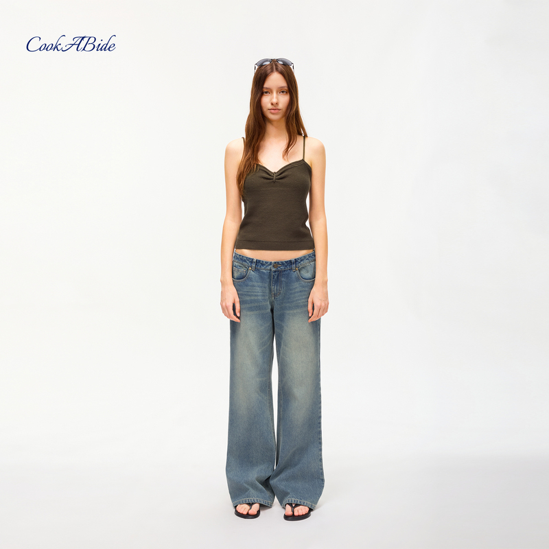 Cookabide Low-Rise Vintage Blue Washed Distressed Straight-Leg Flared Jeans