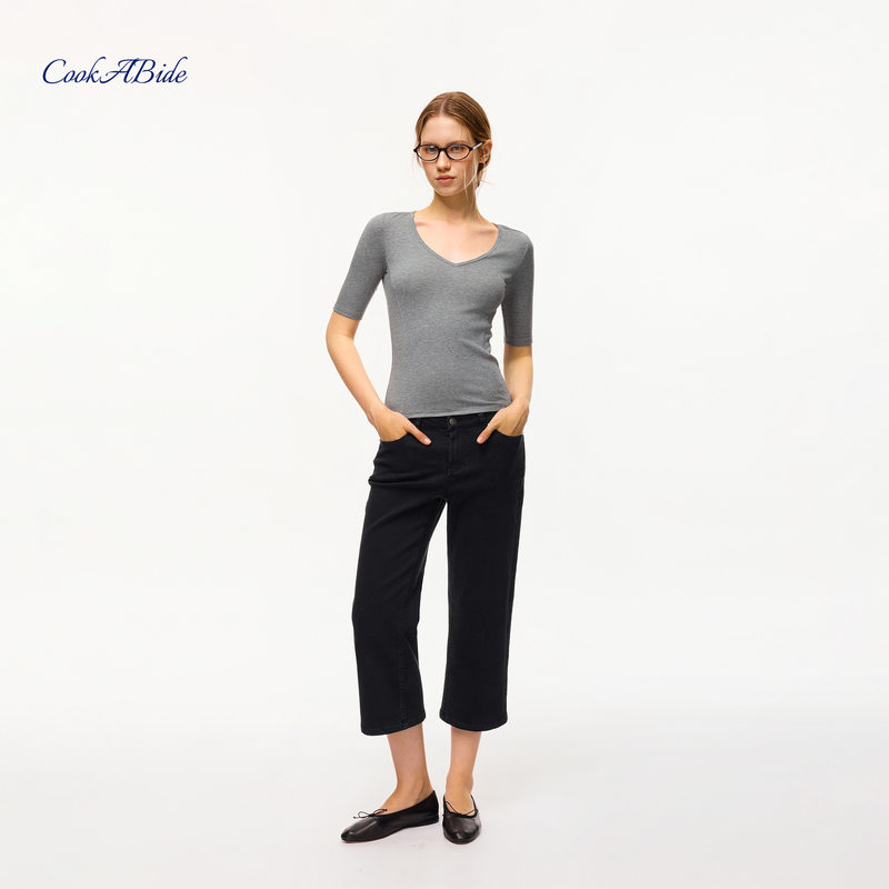 Cookabide Mid-Low Waist Stretch Slim Fit Flared Cropped Jeans Cookabide Mid-Low Waist Stretch Slim Fit Flared Cropped Jeans