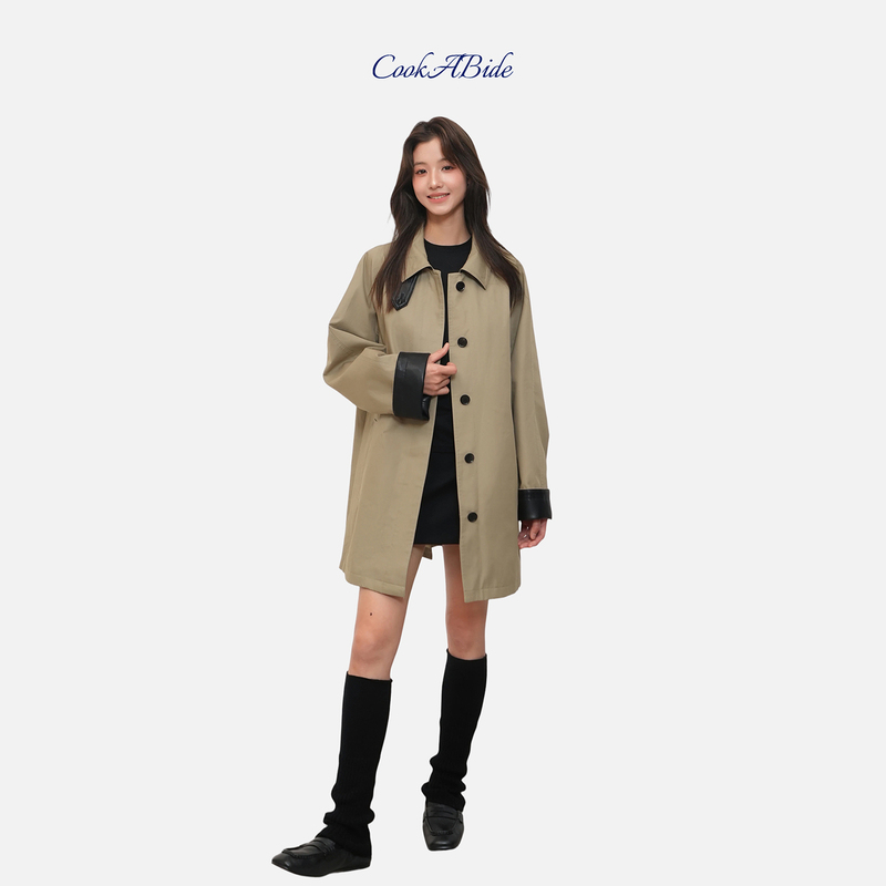 Cookabide Leather Lapel Mid-Length Windbreaker Jacket