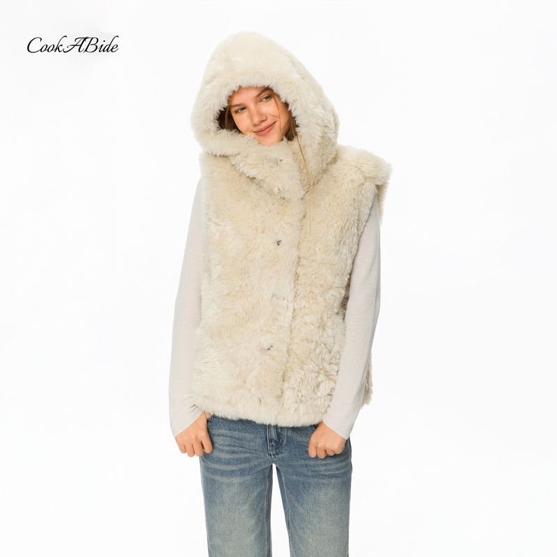 Cookabide Stand-Up Collar Eco-Friendly Slightly Rolled Hooded Fur Vest