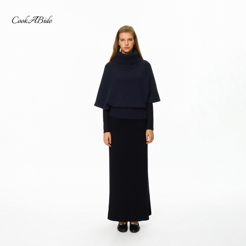 Cookabide Navy Blue High-Neck Cape Waist-Cinching Short Sweater Cookabide Navy Blue High-Neck Cape Waist-Cinching Short Sweater
