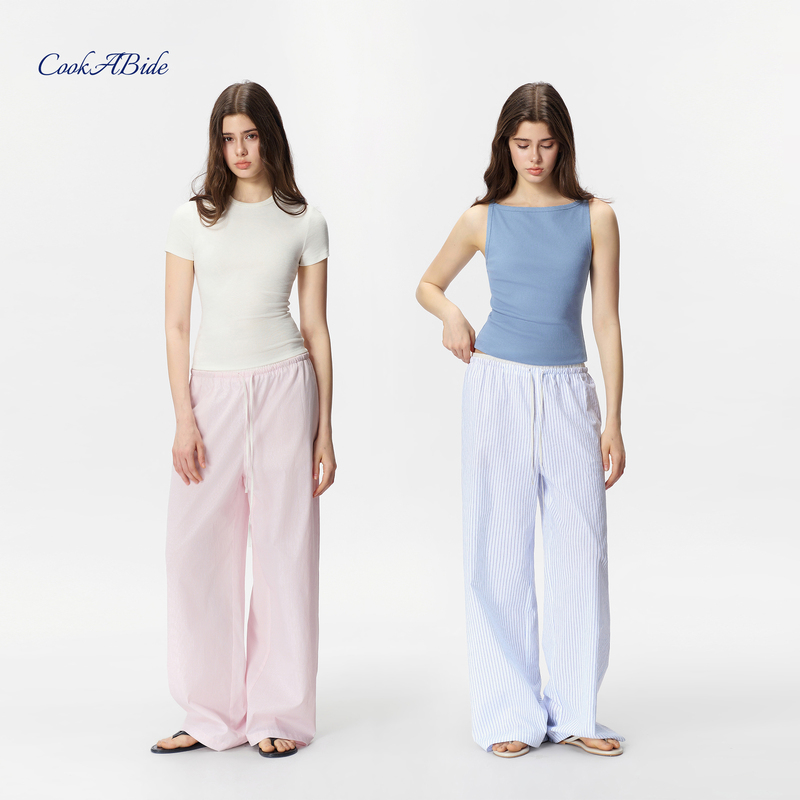 Cookabide Mid-Waist Drawstring Elastic Double Waistband Drapey Straight-Leg Wide-Leg Casual Pants