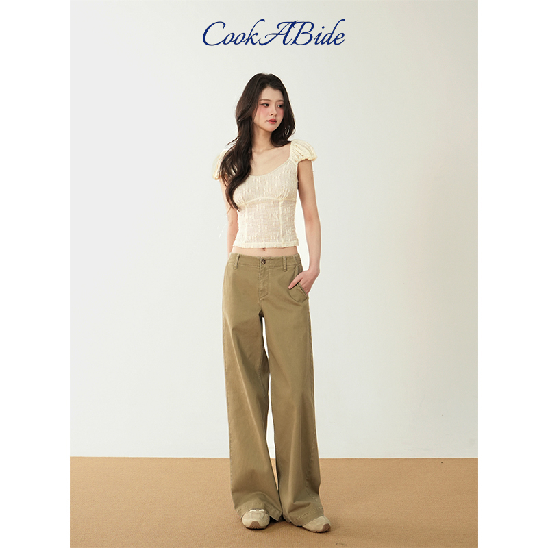 Cookabide Workwear Vintage Washed Mid-Waist Wide-Leg Floor-Length Pants