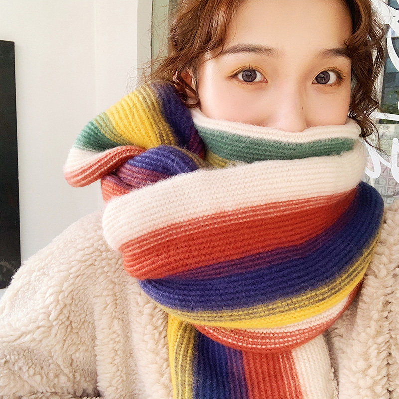 Scarf female winter Christmas gift rainbow stripes knitted wool warm Japanese ins trendy student long scarf