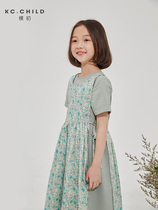 Early girls dress with dress and summer new children pure cotton retro green Two sets Broken Flowers Skirt Ocean Pisteo Dresses