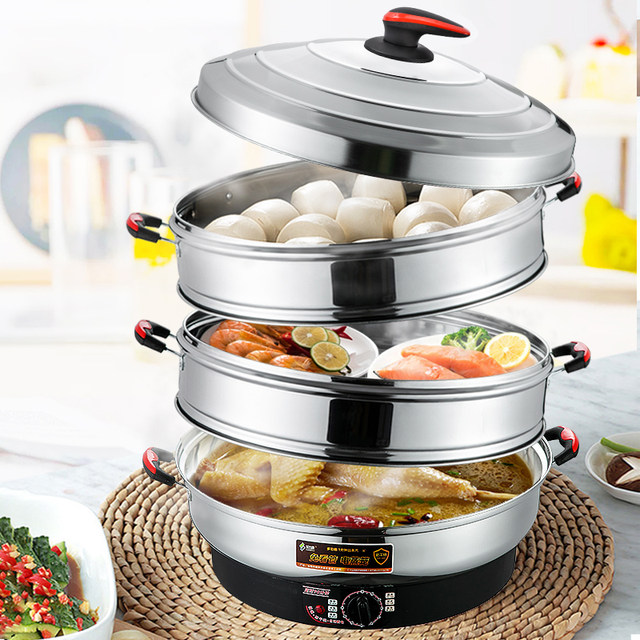 Hongsu multi-functional large-capacity electric steamer stainless steel multi-layer steamed vegetables package steamer electric plug-in ຄົວເຮືອນແລະການຄ້າ 47CM