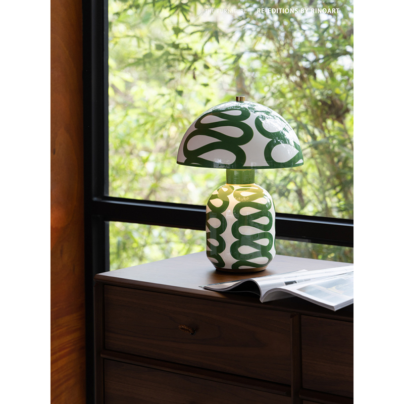 Ruonai Lighting P@Lefire Mushroom Lamp by Ceramic Artist, Glazed Green Reading Ambient Light Table Lamp for Living Room