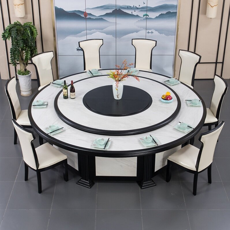 Hotel dining table electric large round table high-end electric turntable imitation marble hot pot table box homestay light luxury villa
