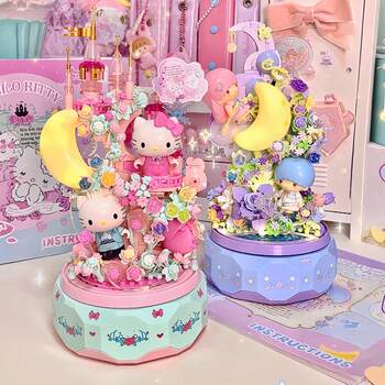 Hello Kitty Music Box Moonlight Society Building Blocks Sanrio Hello Kitty Puzzle Toy for Girls New Year Birthday Gift