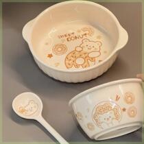 Three-piece set cute double-ear instant noodle bowl rice bowl long-handled spoon tableware ceramic salad bowl home student bowl
