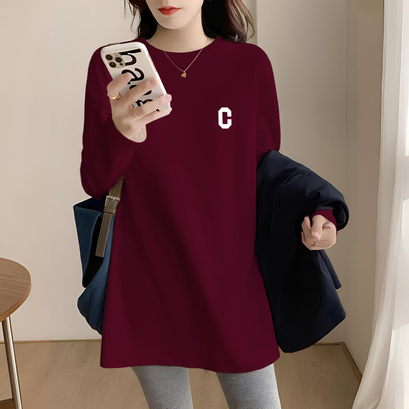 Pure Cotton Burgundy Long-Sleeved T-Shirt for Women 2026 New Spring and Autumn Loose Casual Cover-The-Butt Inner Layer Base Shirt Top Pure Cotton Burgundy Long-Sleeved T-Shirt for Women 2026 New Spring and Autumn Loose Casual Cover-The-Butt Inner Layer Base Shirt Top