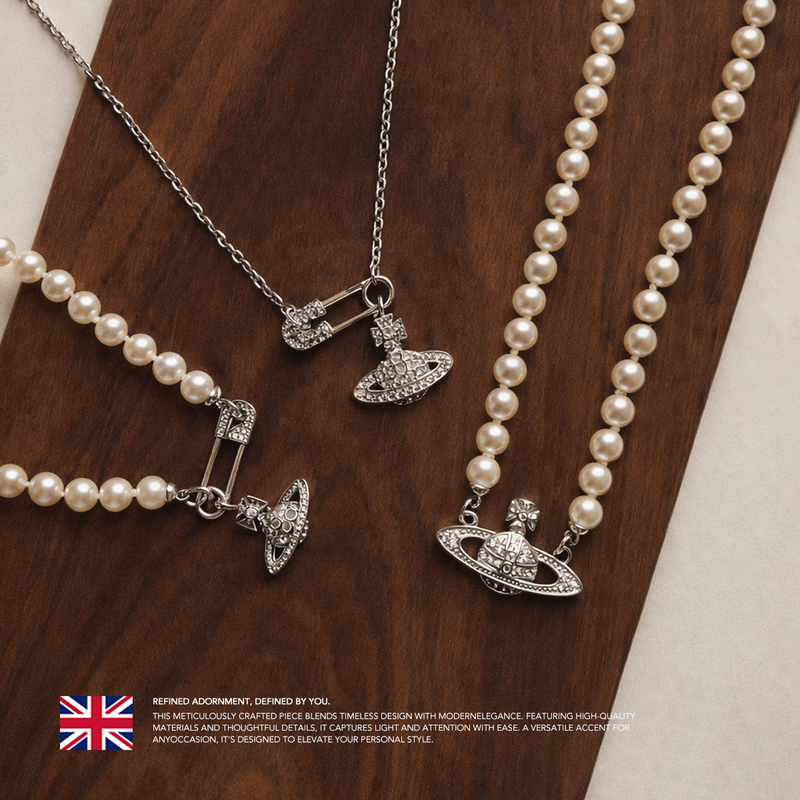 Empress Dowager's Exclusive Genuine Saturn Pin Silver Pendant Pearl Necklace for Women, Paperclip Neck Chain, Clavicle Chain