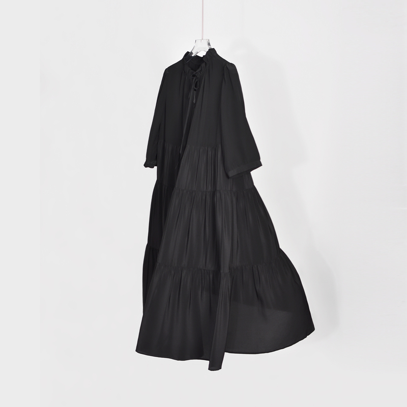 High-End Atmosphere 100% Mulberry Silk Dress for Women, Summer French Style with Ruffled Stand Collar and Three-Quarter Sleeves, Very Beautiful in Black
