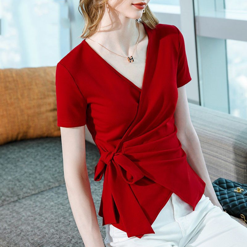 Bow-Tie Sexy Top for Square Dancing 2025, Waist-Cinching Korean Style with Cross Design, Red T-Shirt with Trendy Tie-Up and Ruching