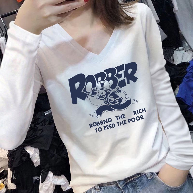 V-Neck Inner Layering Shirt 2026 New Autumn Long-Sleeve T-Shirt for Women, Thin Loose White Top, Slim-Fit Shirt