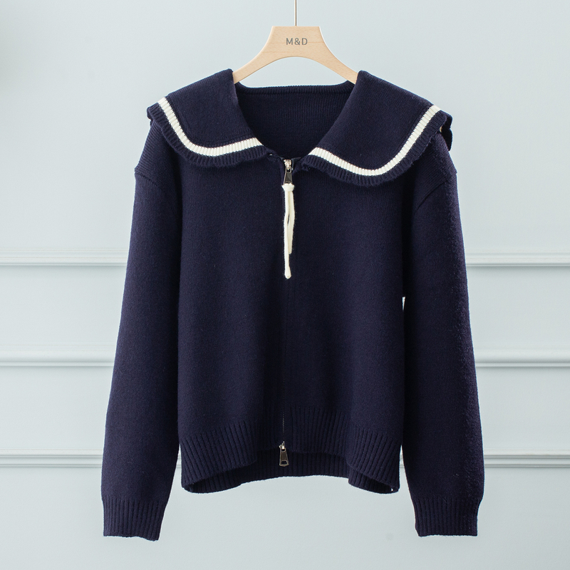 Navy Blue Woolen Sweater with Navy Collar, Knitted Cardigan Jacket for Women, 2026 Autumn and Winter New Style, Can Be Worn as an Inner Layer or Outer Short Top