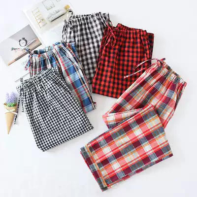 Japanese cotton double gauze plaid pajamas Men's Women's Spring and Autumn thin large size casual home trousers plus fat