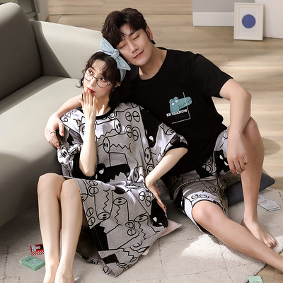 男短袖裤女睡裙情侣睡衣夏季纯棉韩版简约家居服男女全棉薄款套装